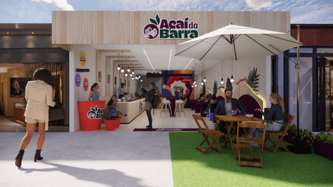 Projeto 3D da fachada da loja Açaí da Barra com clientes e guarda-sol