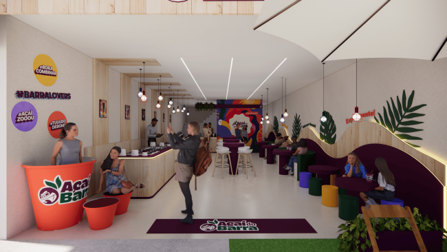 Projeto 3D da loja Açaí da Barra com balcão laranja, bancos roxos e iluminação