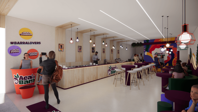 Projeto 3D da loja Açaí da Barra com balcão de atendimento e mesas ao fundo