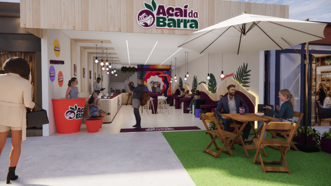 Projeto 3D da fachada da loja Açaí da Barra com guarda-sol, mesas externas e grama sintética