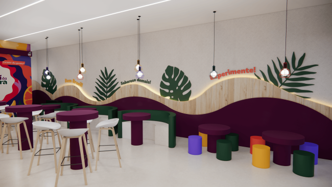 Projeto 3D do salão da Açaí da Barra com bancos roxos, plantas e luminárias pendentes