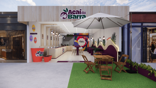 Projeto 3D da fachada da loja Açaí da Barra com área externa em grama