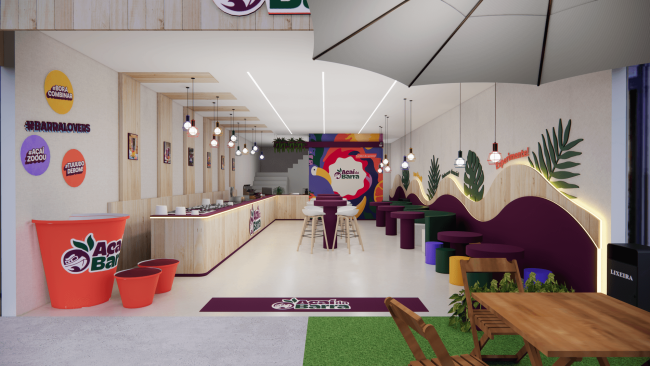 Projeto 3D da loja Açaí da Barra: balcão, painel colorido e mesas com guarda-sol