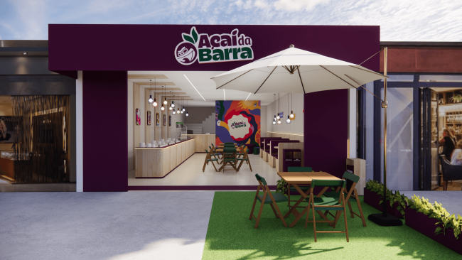 Projeto 3D da fachada roxa da loja Açaí da Barra com guarda-sol e mesas