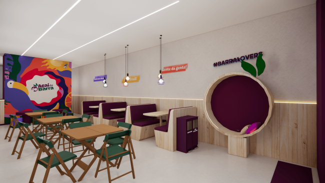 Projeto 3D do salão da Açaí da Barra com painel colorido e nicho circular