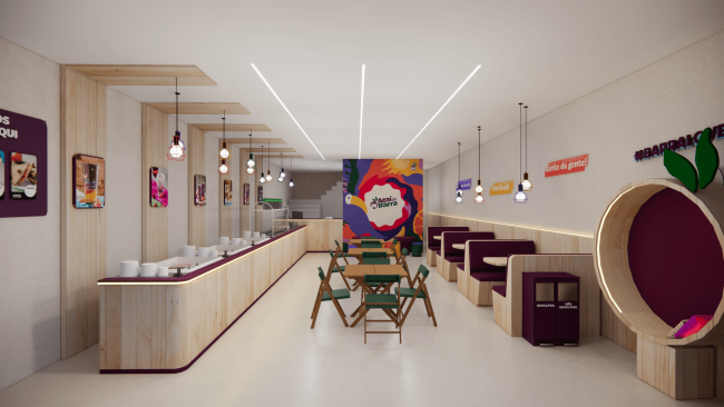 Projeto 3D do balcão de atendimento e do painel colorido da loja Açaí da Barra