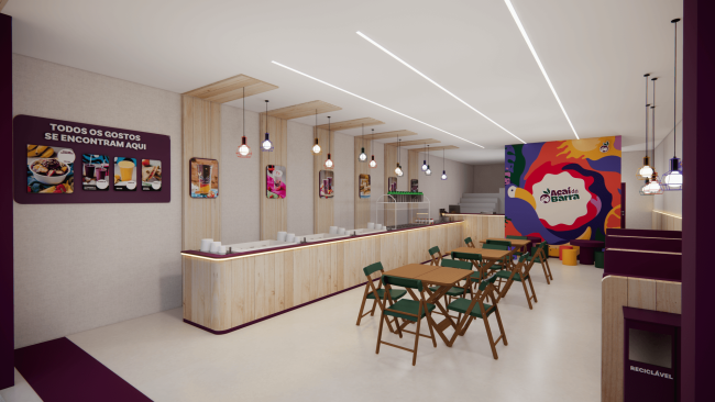 Projeto 3D do balcão de autoatendimento da loja Açaí da Barra e das mesas