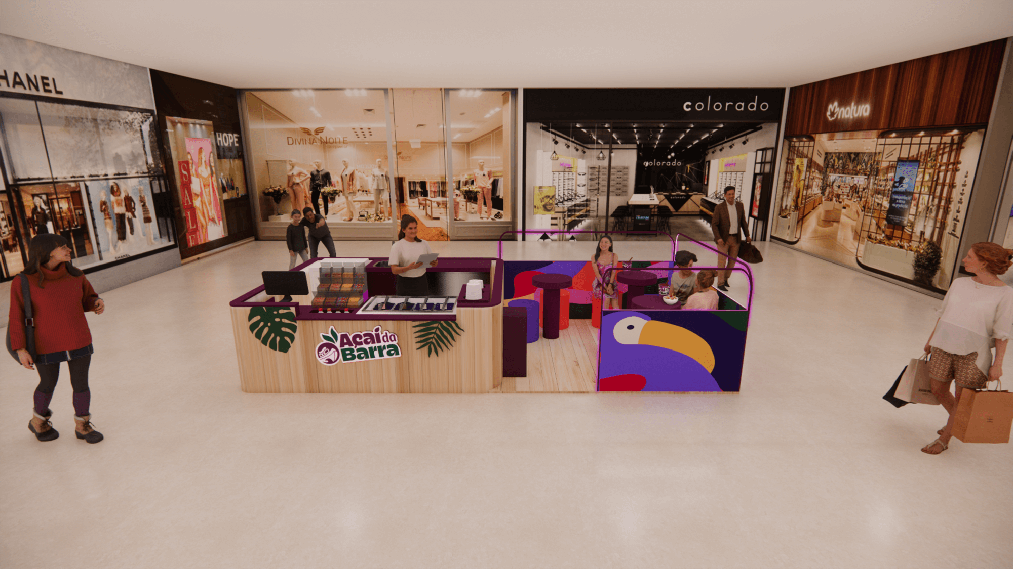 Projeto 3D do quiosque Açaí da Barra no corredor de um shopping, com balcão de madeira e painéis coloridos