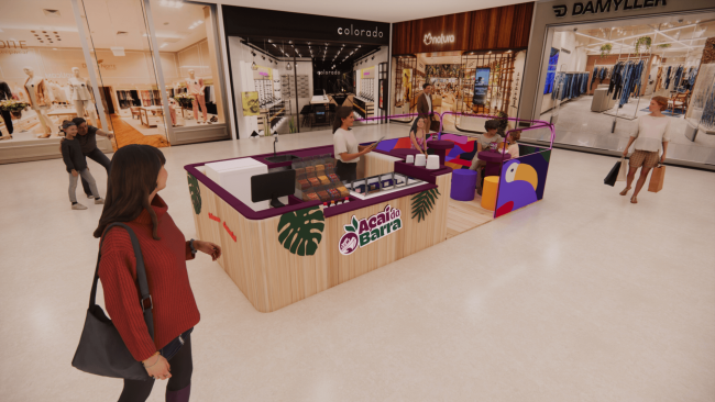 Projeto 3D do quiosque Açaí da Barra com balcão roxo e painel de folhas tropicais