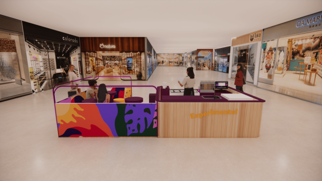 Projeto 3D do quiosque Açaí da Barra com balcão de madeira e estampa tropical