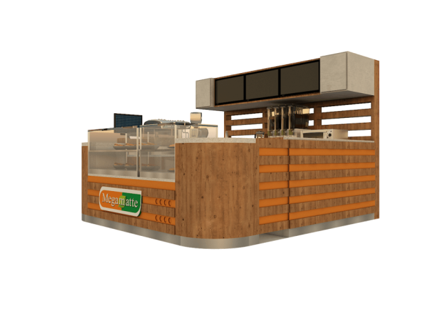 Projeto 3D do quiosque Megamatte com balcão de madeira e vitrine