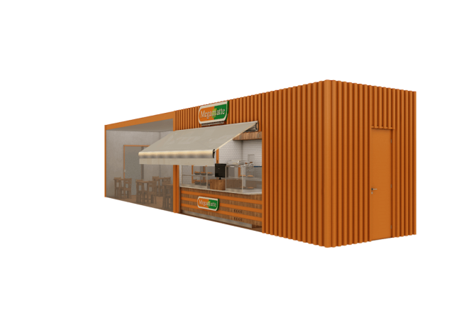 Projeto 3D de módulo Megamatte com ripado de madeira e toldo