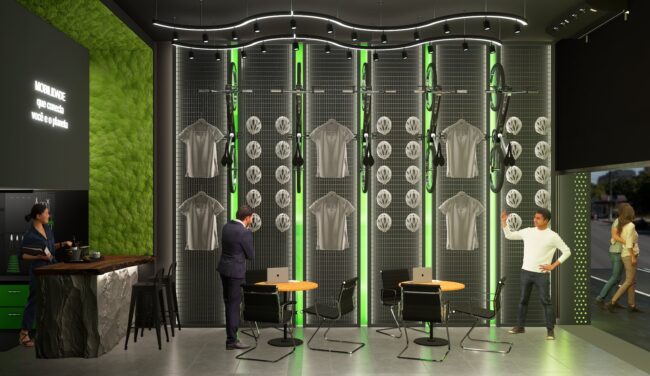 Interior da loja Bici Eletric com balcão curvo, mesas de atendimento e painel de exposição de bikes e acessórios