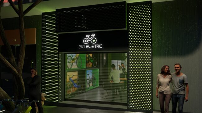 Fachada da loja Bici Eletric vista de frente à noite, com letreiro iluminado e vitrines de bikes