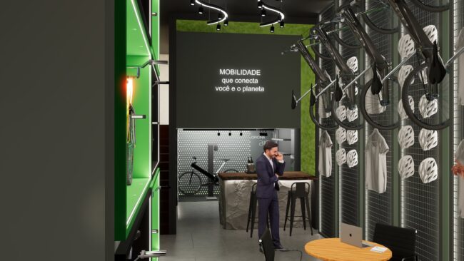 Interior da loja Bici Eletric com bikes penduradas em painel de grade e balcão curvo ao fundo