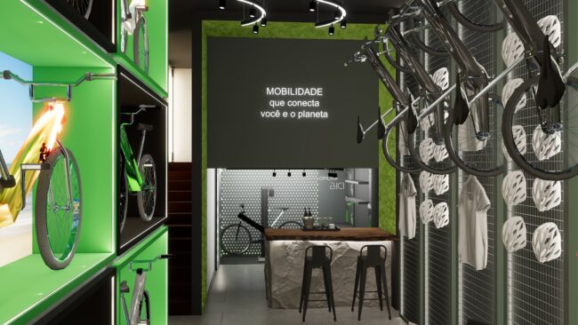 Vitrine iluminada de bike elétrica e balcão curvo com bancos altos ao fundo na loja Bici Eletric
