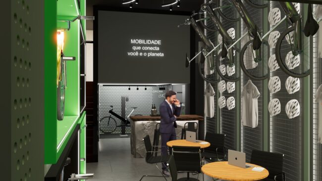 Interior da loja Bici Eletric com painel preto, bikes penduradas em painel de grade e mesas redondas de atendimento