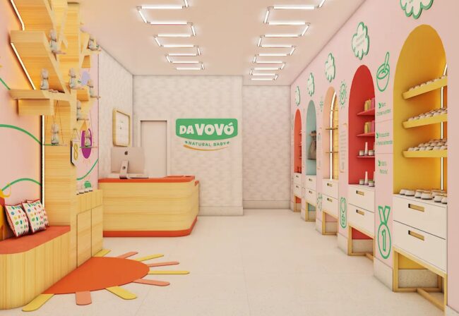 Render do projeto de franquia Da Vovó Natural Baby, loja conceito, por Unpack Design