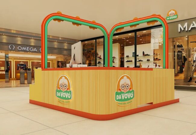 Render do projeto de franquia Da Vovó Natural Baby, quiosque conceito, por Unpack Design