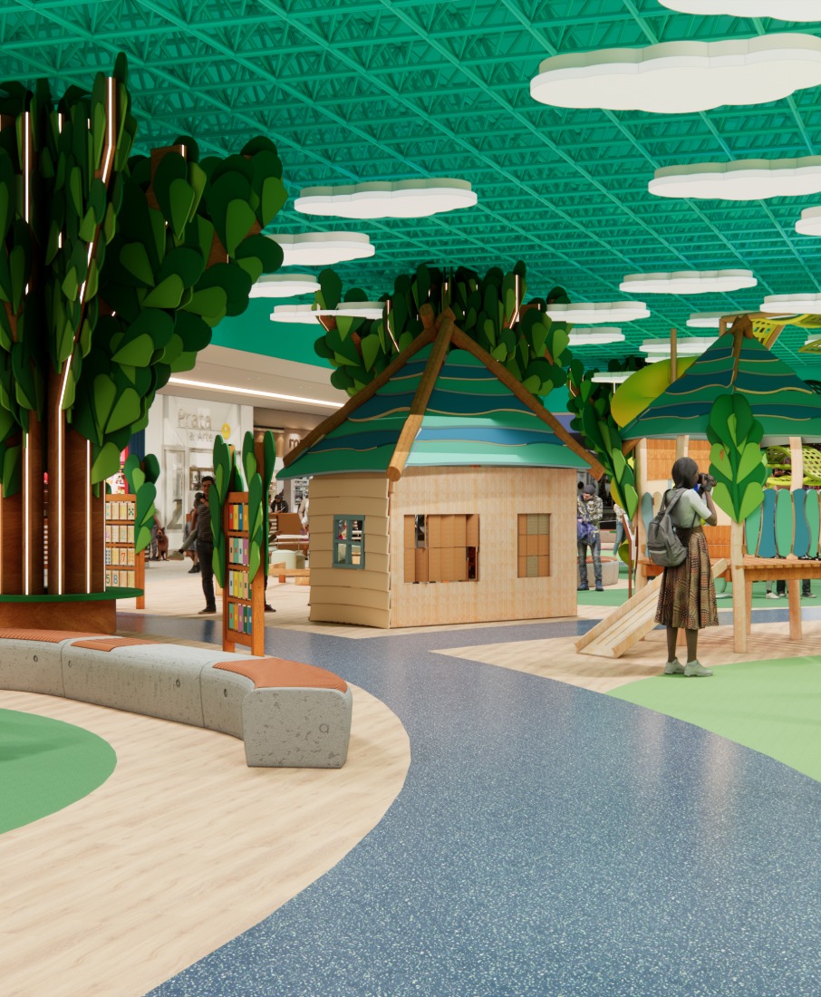 Cabana cenográfica e árvores do Parque Encantado do Eco Valle Shopping, parque infantil do Eco Valle Shopping em Lorena