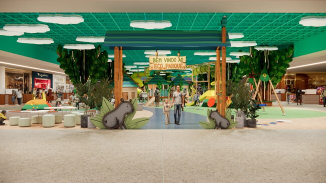 Render do projeto do Parque Encantado do Eco Valle Shopping, parque infantil do Eco Valle Shopping em Lorena, por Unpack Design
