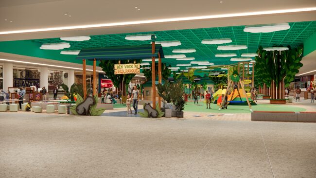 Render do projeto do Parque Encantado do Eco Valle Shopping, parque infantil do Eco Valle Shopping em Lorena, por Unpack Design