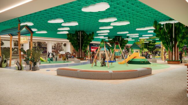 Render do projeto do Parque Encantado do Eco Valle Shopping, parque infantil do Eco Valle Shopping em Lorena, por Unpack Design