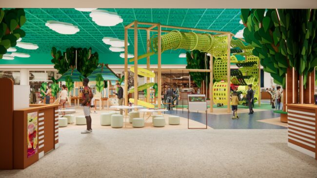 Render do projeto do Parque Encantado do Eco Valle Shopping, parque infantil do Eco Valle Shopping em Lorena, por Unpack Design