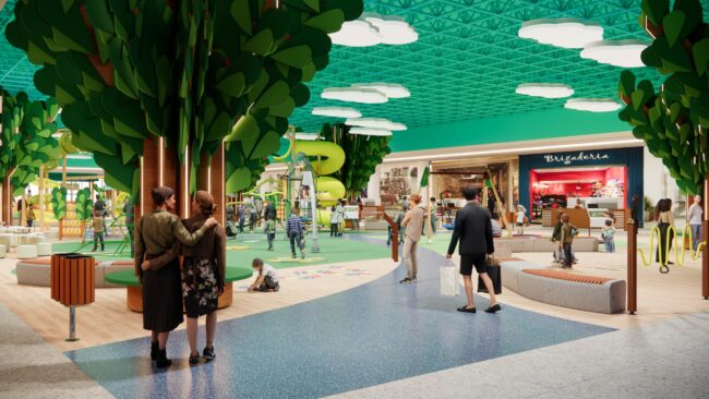 Render do projeto do Parque Encantado do Eco Valle Shopping, parque infantil do Eco Valle Shopping em Lorena, por Unpack Design