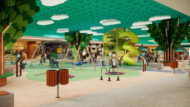 Render do projeto do Parque Encantado do Eco Valle Shopping, parque infantil do Eco Valle Shopping em Lorena, por Unpack Design