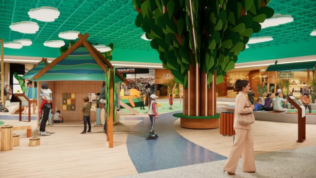 Render do projeto do Parque Encantado do Eco Valle Shopping, parque infantil do Eco Valle Shopping em Lorena, por Unpack Design