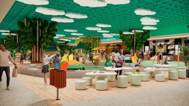 Render do projeto do Parque Encantado do Eco Valle Shopping, parque infantil do Eco Valle Shopping em Lorena, por Unpack Design