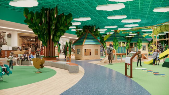 Render do projeto do Parque Encantado do Eco Valle Shopping, parque infantil do Eco Valle Shopping em Lorena, por Unpack Design