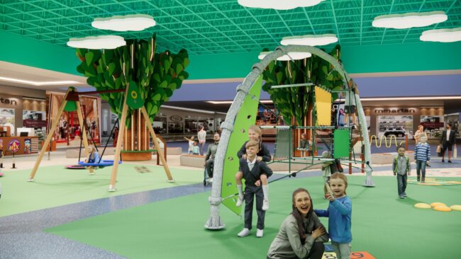 Render do projeto do Parque Encantado do Eco Valle Shopping, parque infantil do Eco Valle Shopping em Lorena, por Unpack Design