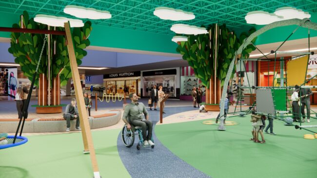 Render do projeto do Parque Encantado do Eco Valle Shopping, parque infantil do Eco Valle Shopping em Lorena, por Unpack Design