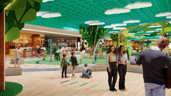 Render do projeto do Parque Encantado do Eco Valle Shopping, parque infantil do Eco Valle Shopping em Lorena, por Unpack Design
