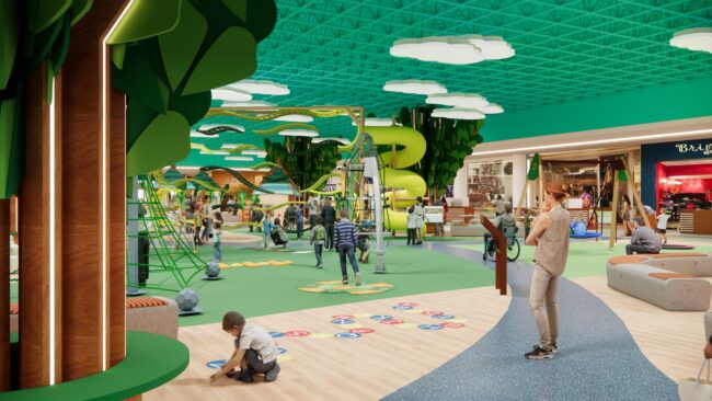 Render do projeto do Parque Encantado do Eco Valle Shopping, parque infantil do Eco Valle Shopping em Lorena, por Unpack Design