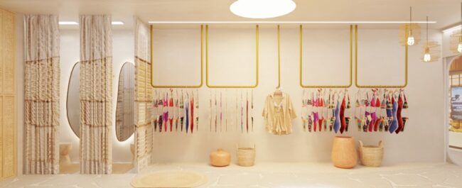 Exposição de biquínis em trilhos dourados na loja de moda praia By Beach House