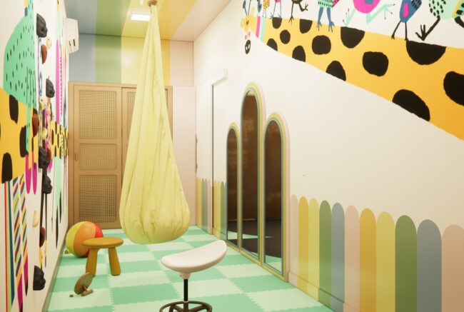 Render do consultório de fisioterapia Kids Care, no Leblon, vista 5 — projeto Unpack Design
