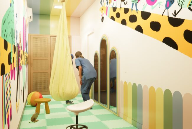 Render do consultório de fisioterapia Kids Care, no Leblon, vista 14 — projeto Unpack Design
