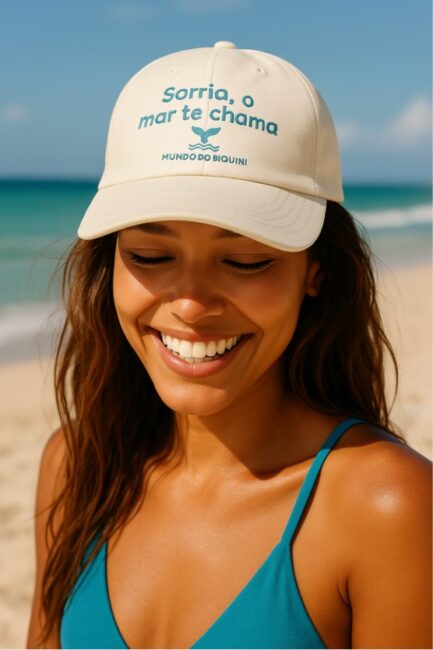 Mockup de experiência de marca: boné com a frase "Sorria, o mar te chama" e o logotipo do Mundo do Biquíni