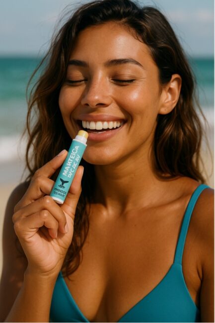 Mockup de experiência de marca: protetor labial com a identidade do Mundo do Biquíni