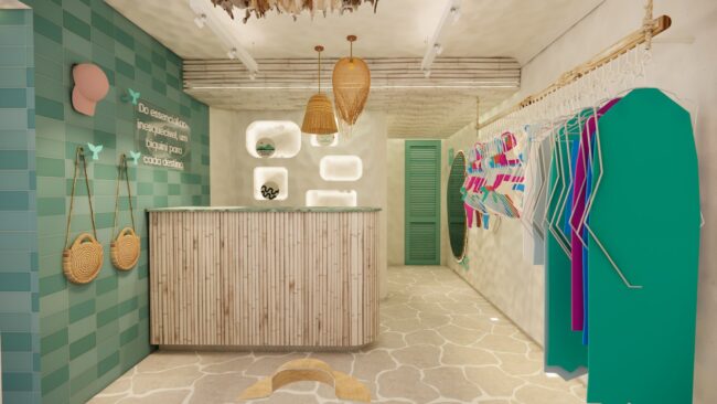 Render da loja Mundo do Biquíni em Ipanema, vista 3 — projeto Unpack Design