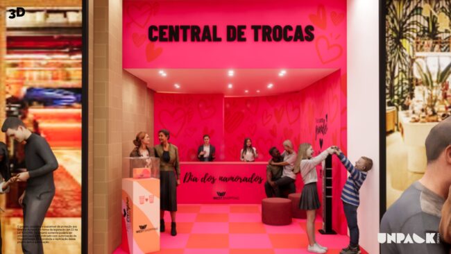 Lâmina do projeto 3D com cenário de corações e backdrop de neon do posto de troca do Dia dos Namorados, West Shopping, cenografia da Unpack Design