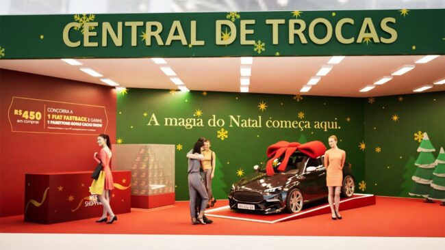 Central de Trocas de Natal com carro e laço vermelho do posto de troca de Natal, West Shopping, cenografia da Unpack Design