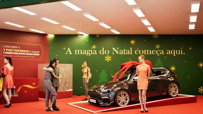 Balcão de atendimento e painel da promoção do posto de troca de Natal, West Shopping, cenografia da Unpack Design