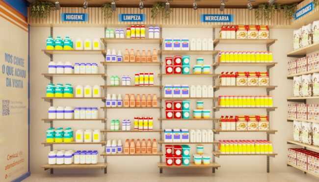 Prateleiras flexíveis do Mundo Market separadas por setores: higiene, limpeza e mercearia
