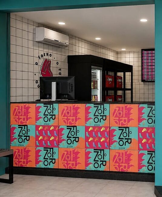 Balcão de retirada da pizzaria O Forno na Tijuca — render do projeto Unpack Design