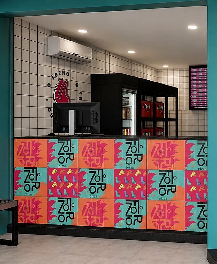 Balcão de retirada da pizzaria O Forno na Tijuca — render do projeto Unpack Design