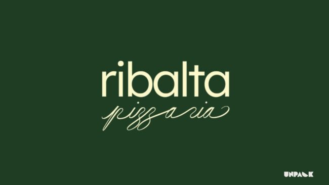 Estudo de identidade visual da Ribalta Pizzaria, Unpack Design – logotipo da Ribalta Pizzaria em creme sobre verde oliva